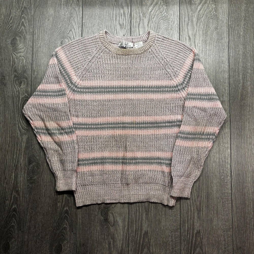 Vintage Striped Knit Sweater Pastel Pink Club International Medium 1980s Cottage